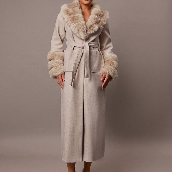 Khaki Elegant Womens Warm faux Fur trimmed belted Jacket  Coat - Picture 7 of 7